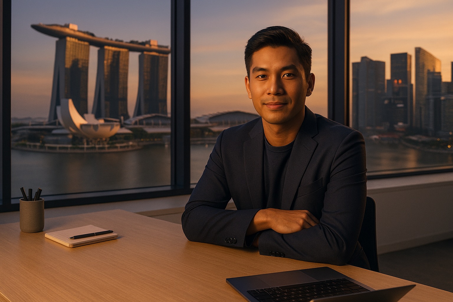 Founder at a Singapore office desk overlooking Marina Bay at dusk